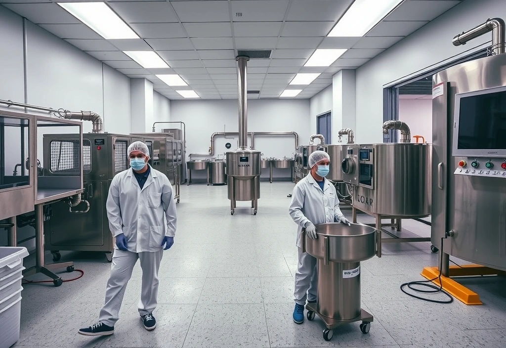 A pristine, modern production facility with stainless steel equipment and technicians in cleanroom attire, ensuring product purity.