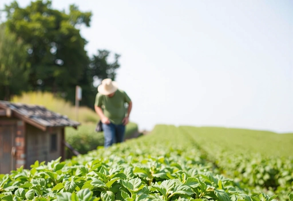 A vibrant field of organic herbs under a clear sky, with a farm worker carefully tending to the plants in the distance.