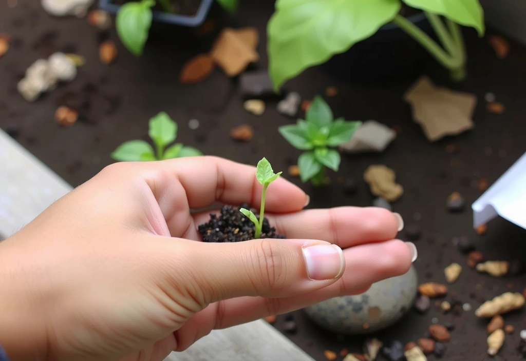 A hand gently holding a small plant sprout, representing growth, care, and sustainability.