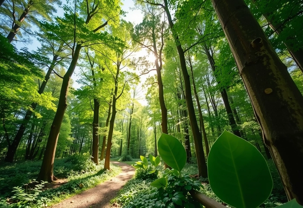 Lush green forest with sunlight filtering through the canopy, symbolizing natural purity and vitality.