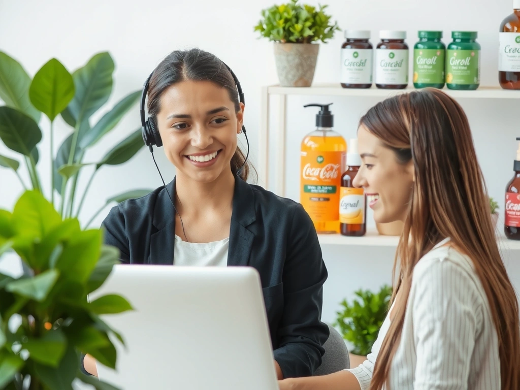 A friendly customer service representative assisting a customer on the phone with a laptop and natural health products in the background.