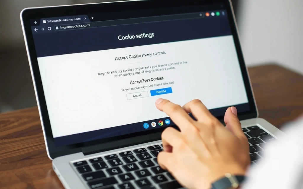 A person's hand interacting with a laptop screen showing cookie settings and privacy controls, representing user choices about cookies.