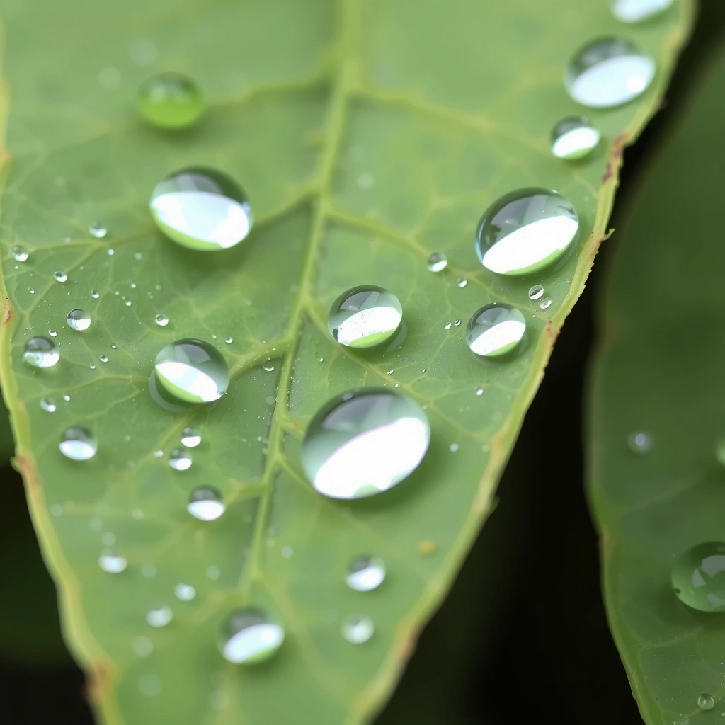 Leaf with water drops, symbolizing natural purity