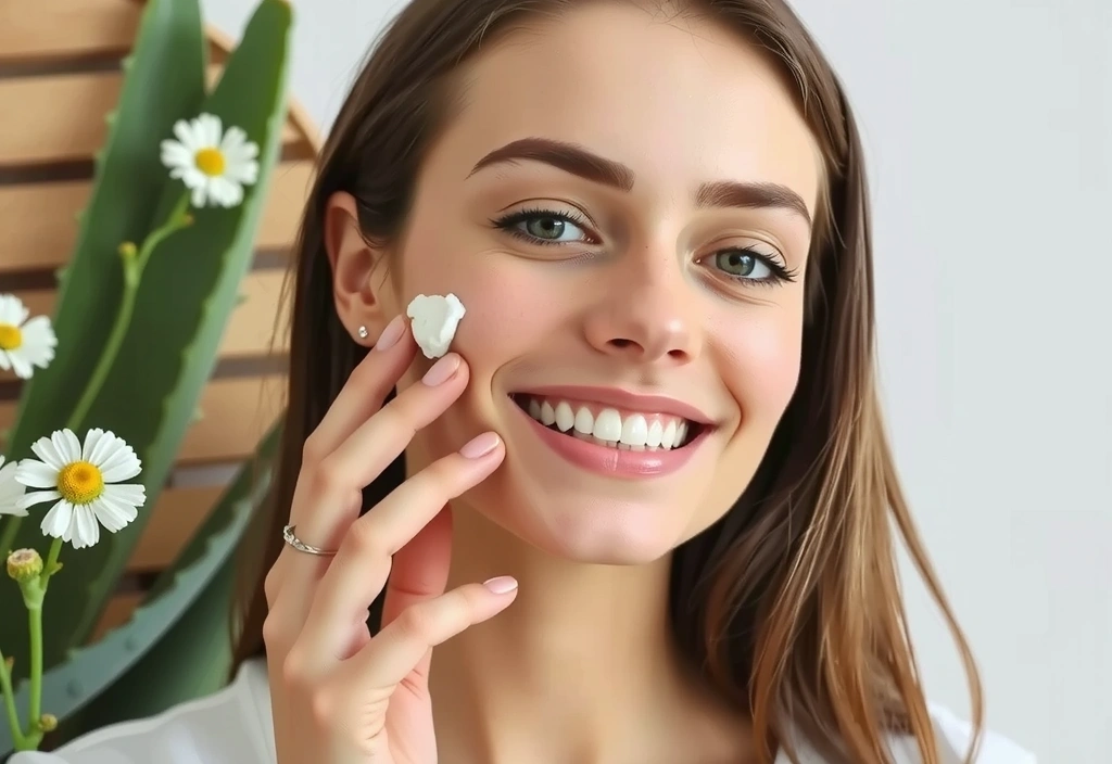 A woman gently applying a natural skincare product to her face, with a serene expression, surrounded by botanical elements