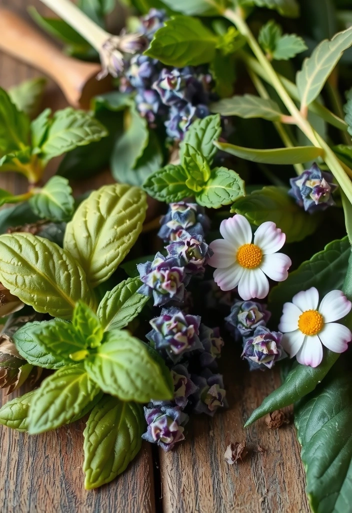 A selection of fresh, organic herbs and plants used in natural remedies, symbolizing the essence of Herbavora's products.